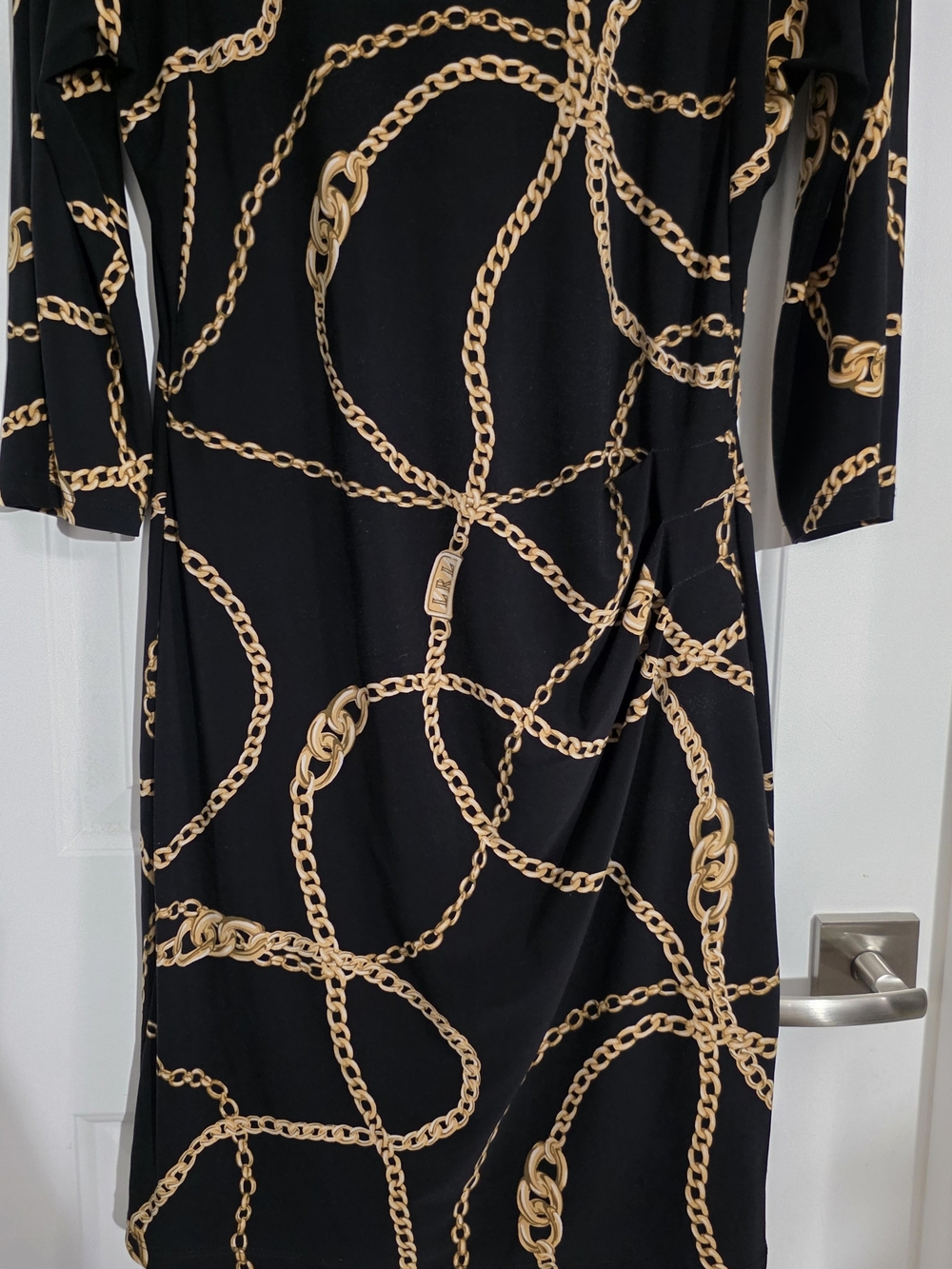 Lauren Ralph Lauren Chain Print Ruched Dress Black Gold 12P Equestrian Stretch - Picture 7 of 14